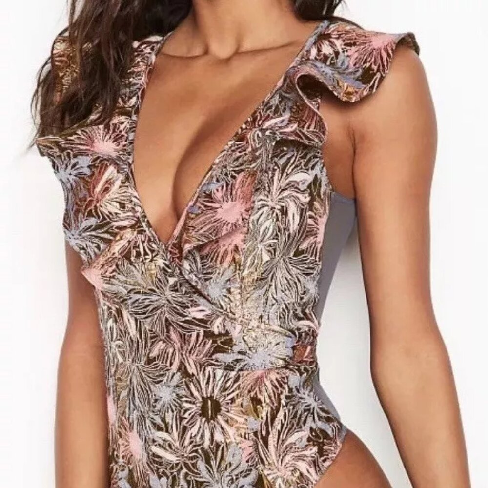 Victoria's Secret Dream Angel Shine Brocade Ruffle Bodysuit mesh back X small